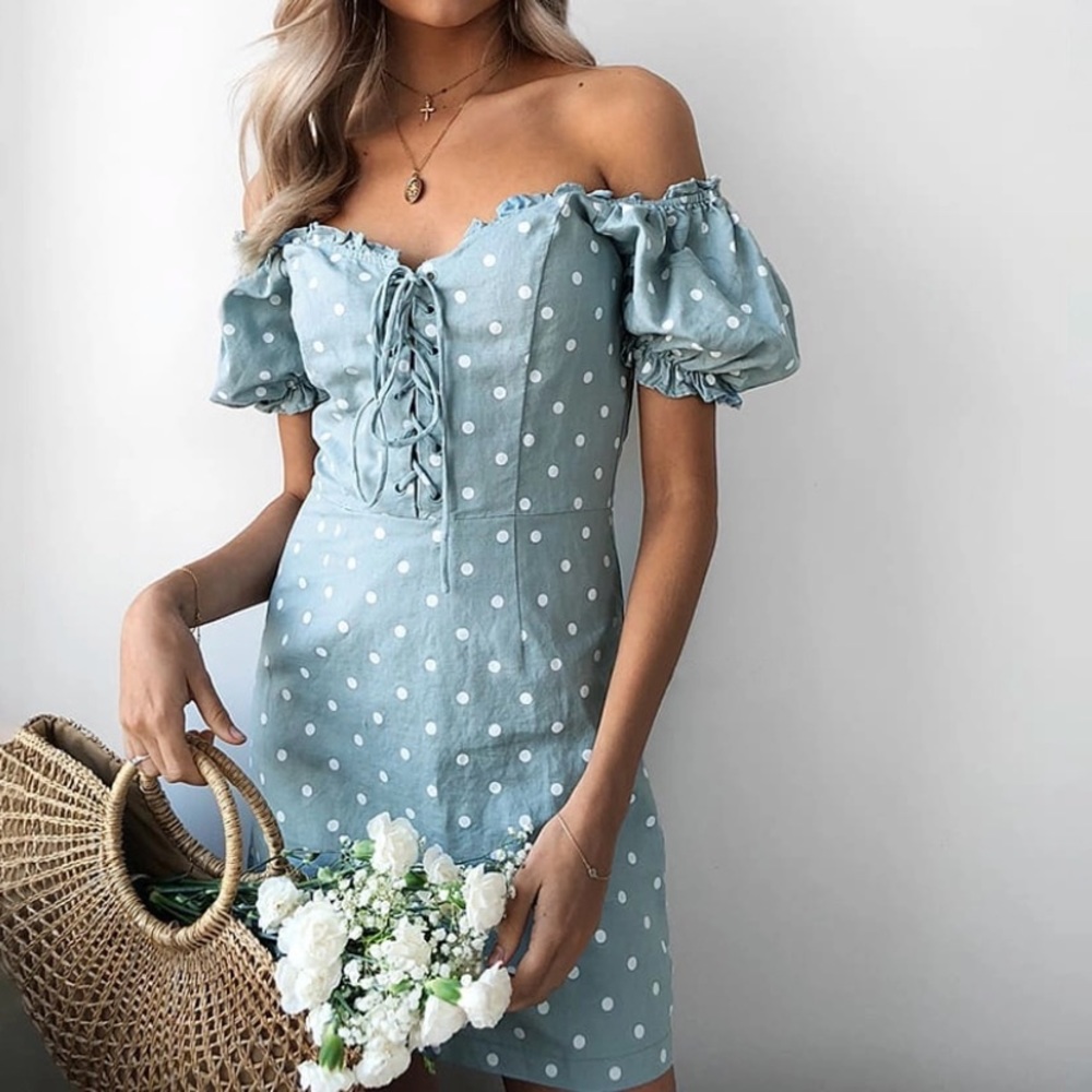 Puff Sleeves Blue Polka Dot Lace up Mini Dress